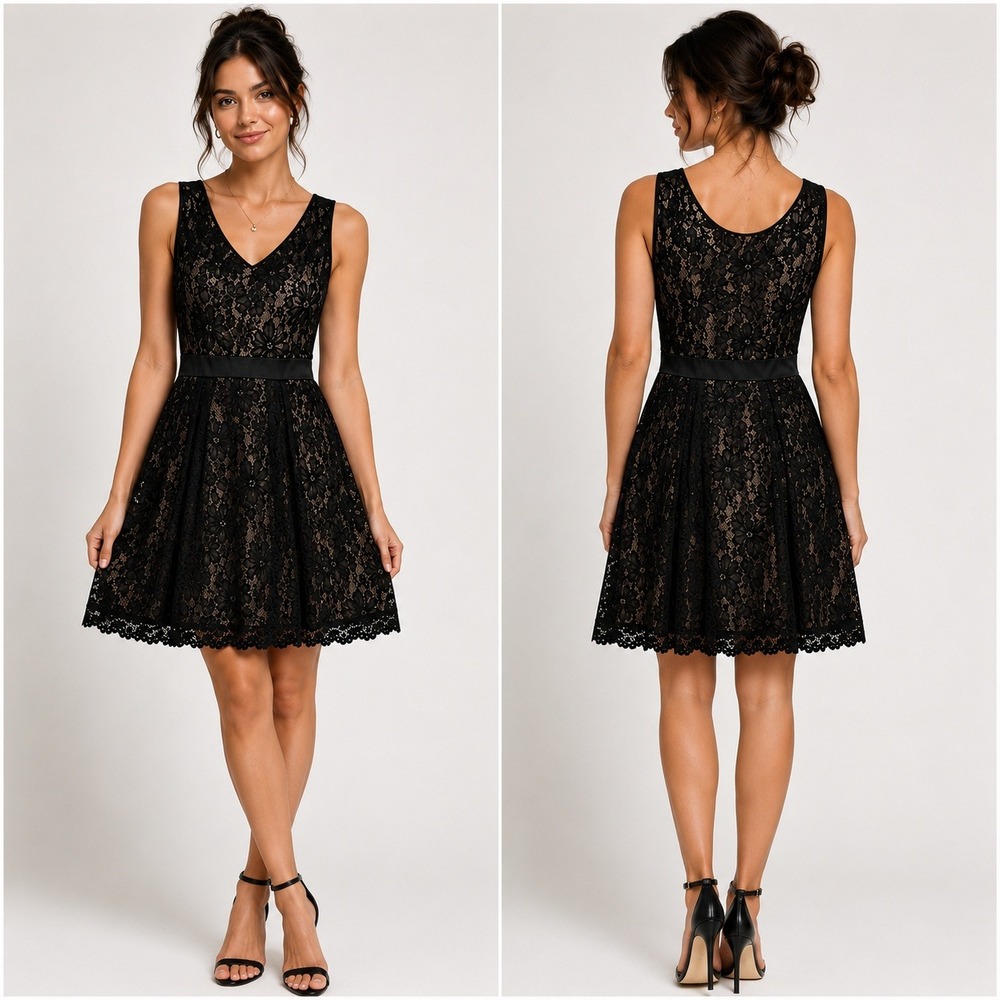 Candalite Black Floral Lace Overlay Fit & Flare Dress Satin Waist S Whimsigoth